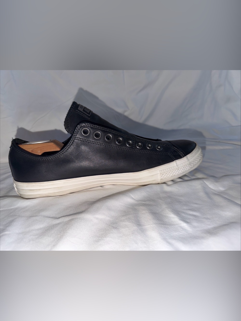 Converse Black Leather Slip-On Low Top Sneakers with White Sole - Picture 8 of 12